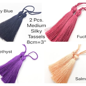 2 Pcs., Medium Silky Tassels, 8cm or 3 inches, Navy Blue, Creamsicle, Amethyst, Salmon, for Jewelry Making or Home Decor