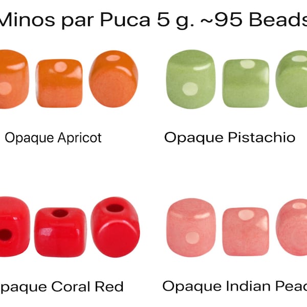 MINOS par Puca, 5 g. ~95 Beads ,+ TWO FREE Patterns with Order,  Opaque Pistachio, Indian Peach Apricot,Opaque Coral Red