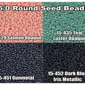 May include: Assortment of 15/0 round seed beads in four colours: salmon opaque, teal lustre opaque, gunmetal, and dark blue iris metallic.