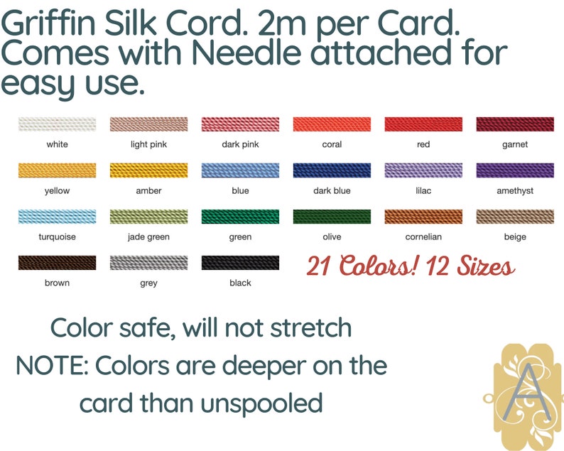 GRIFFIN Silk Thread or Cord, 2 meters, for Knotting or Stringing, Needle Attached, 21 Colors image 1