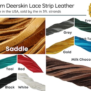 Könnte beinhalten: Eine Auswahl an Farben von 3 mm Wildleder-Schnürriemen aus Leder, verkauft in 3 Fuß langen Strängen. Die Farben umfassen Sattel, Gold, Grau, Immergrün, Dunkel-Türkis, Milchschokolade, Teal, Rot, Schwarz und Weiß.