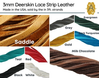3mm Flat Superior Deerskin Leather, Grey, Evergreen, Gold, Dark Turquoise, Teal, Red, Black, White, Milk Chocolate, Sold in 3ft. Strands