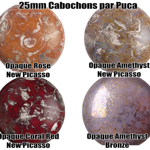 25mm Cabochons par Puca, + 2 FREE Patterns with Order, Opaque Amethyst New Picasso, Coral Red New Picasso, Rose New Picasso, Amethyst Bronze