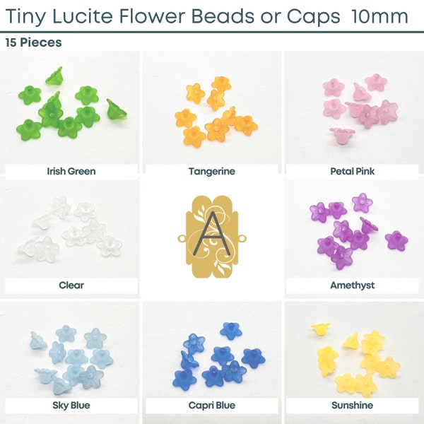 Tiny Lucite Flower Beads or Bead Caps, 10mm. 8 Colors