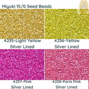 May include: Four close-up images of Miyuki 15/0 seed beads in different colors: light yellow, yellow, pink, and Paris pink. All beads are silver lined.