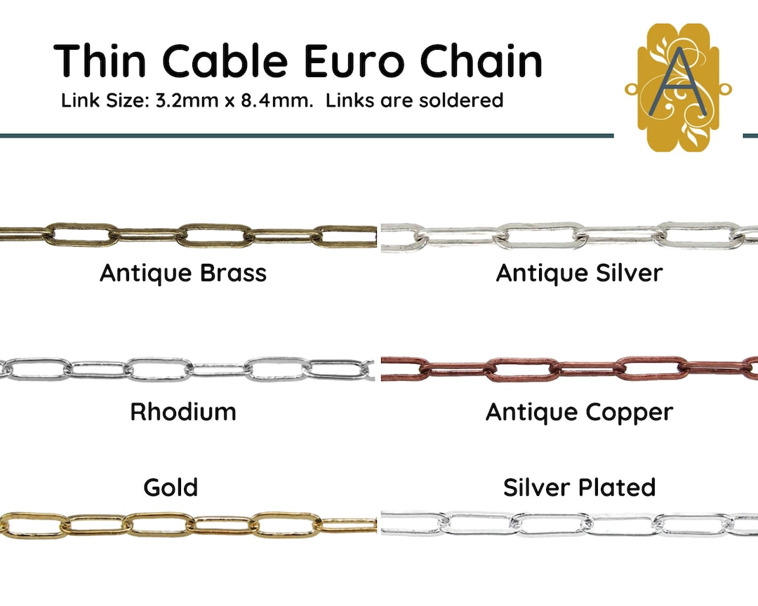 Thin Cable Euro Chain, 3.2x8.4mm, Sold in 1ft. Units, Antique Brass,  Antique Copper, Antique Silver, Gold, Rhodium, Silver Plated, European -  Etsy