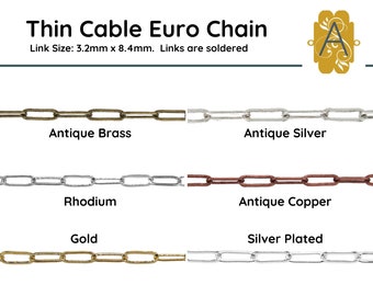 Thin Cable Euro Chain, 3.2x8.4mm, Sold in 1ft. Units