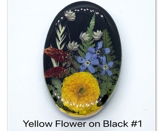 One of a Kind YELLOW FLOWER on Black Cabochon, Handmade, Resin & Dried Flowers