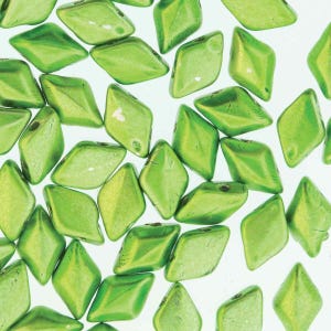 May include: A collection of shiny, lime green diamond-shaped beads. Each bead has a hole for stringing and a metallic sheen. The beads are scattered against a white background, creating a vibrant and eye-catching display. Ideal for jewelry making.