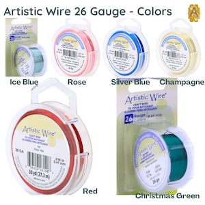 May include: Assortment of Artistic Wire spools in various colours, including ice blue, rose, silver blue, champagne, red, and Christmas green. Each spool is labelled with the brand name, gauge, and length. The wire is 26 gauge and 0.41 mm in diameter.