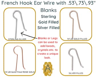 20 Gauge French Hook Ear Wire Blanks, TierraCast, 1 Pair, Sterling Silver, Gold Filled, Silver Filled, Gold Filled Rose Gold