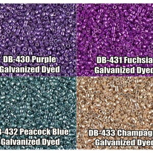 May include: Four close-up images of seed beads in different colors. The beads are galvanized and dyed. The colors are purple, fuchsia, peacock blue, and champagne.