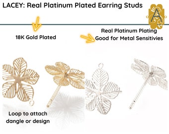 LACEY, Fancy Earring Posts or Studs, 18K Gold or Real Platinum Plated, 2 Pair