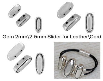 2 Pcs. GEM 2-Hole Bead, for 2 or 2.5mm Leather or Cord, Antique Silver,