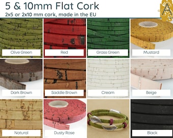 5mm & 10mm Flat Fine Quality EU Cork, Sold per foot, Grown in Portugal and EU Manufactured, 11 Stunning Colors
