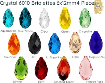 6010 Crystal Briolettes, Faceted Glass, 6x12mm, Pear or Drop Beads, 4 Pieces, 14 Colors