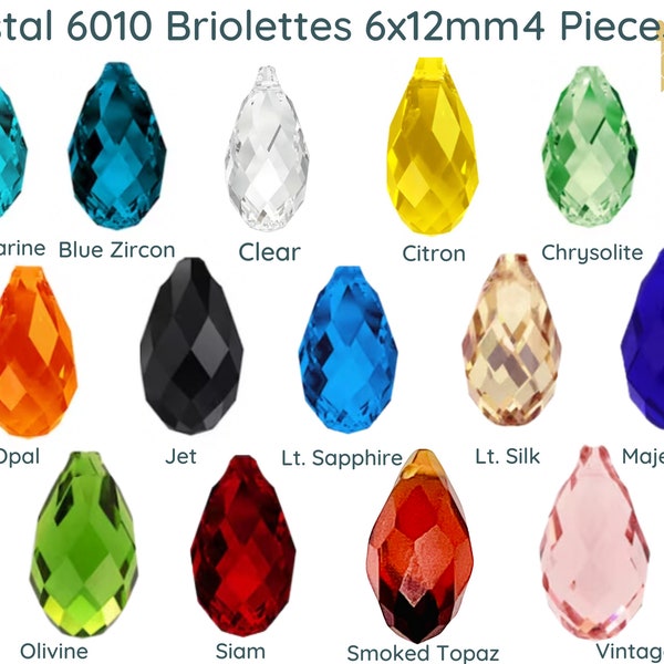 6010 Crystal Briolettes, Faceted Glass, 6x12mm, Pear or Drop Beads, 4 Pieces, 14 Colors