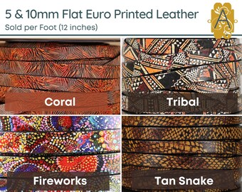May include: Four different styles of 5 & 10mm flat Euro printed leather, sold per foot (12 inches). The styles are Coral, Tribal, Fireworks, and Tan Snake.