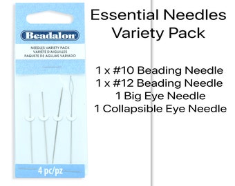 Essential Needles, 4 Pack, 1 each #10, #12 Beading Needle, + 1 Big Eye Needle and 1 Collapsible Eye Needle