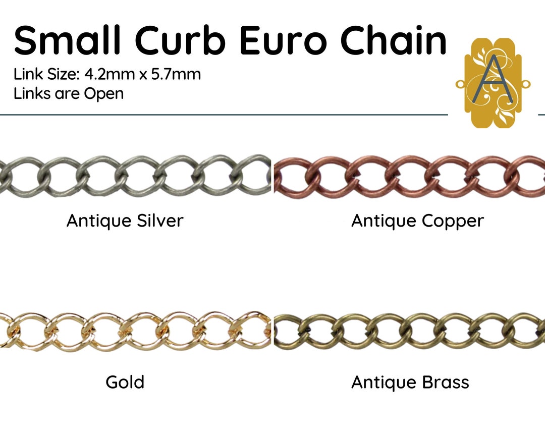 Small Curb Euro Chain, Links 4.7x5.2mm, Antique Brass, Antique Silver,  Antique Copper, Electroplated Gold, Made in Europe - Etsy Canada