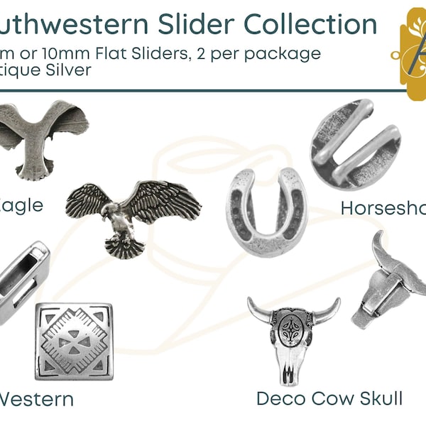 Southwestern Slider Collection, 5mm or 10mm, Cactus, Cow Skull, Eagle, Horseshoe, Western, Antique Silver, 2pcs per package