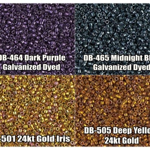 May include: Four different colours of seed beads, each in a separate square. The top left square shows dark purple beads, labelled "DB-464 Dark Purple Galvanized Dyed". The top right square shows midnight blue beads, labelled "DB-465 Midnight Blue Galvanized Dyed". The bottom left square shows gold beads with a slight iridescent sheen, labelled "DB-501 24kt Gold Iris". The bottom right square shows deep yellow beads, labelled "DB-505 Deep Yellow 24kt Gold".