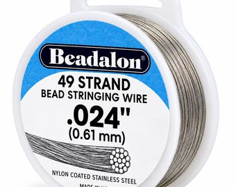 May include: A spool of Beadalon 49 strand bead stringing wire, featuring a silver-colored nylon-coated stainless steel wire with a diameter of .024 inches (0.61 mm), wound on a white plastic spool with blue and white branding.