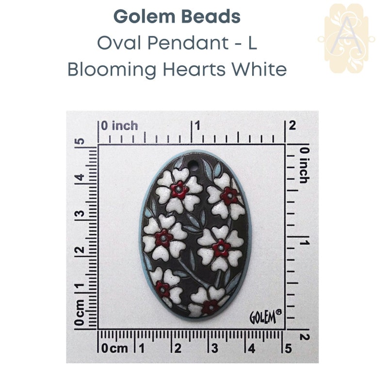 Oval Ceramic Pendants, Handmade by Golem Studios 12 Patterns BloomingHearts_White