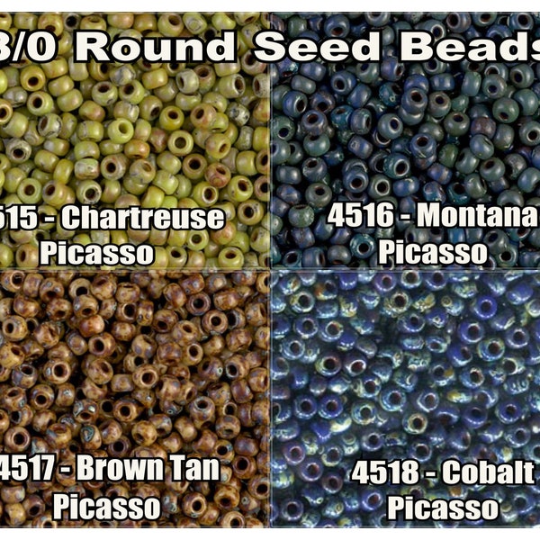 8/0 Miyuki Seed beads 10 g, Chartreuse Picasso 4515, Montana Picasso 4516, Brown Tan Picasso 4517, Cobalt Blue Picasso 4518