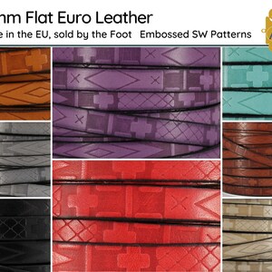 May include: A selection of 10mm (approx. 0.4 inches) flat Euro leather strips in diverse colours, such as brown, purple, teal, grey, red, and black. Each strip features embossed geometric patterns. The text "10mm Flat Euro Leather" and "Made in the EU, sold by the Foot Embossed SW Patterns" is visible.