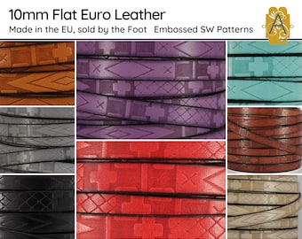 May include: A collection of 10mm flat Euro leather strips in various colors, including brown, purple, teal, gray, red, and black. Each strip is embossed with geometric patterns. The text "10mm Flat Euro Leather" and "Made in the EU, sold by the Foot Embossed SW Patterns" is visible.