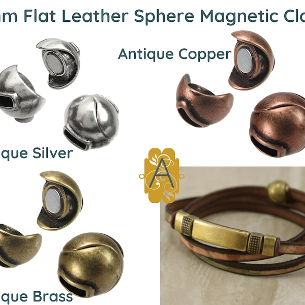 5mm Flat Leather SPHERE Magnetic Clasp, Secure Hold, Made in Europe, Antique Silver, Antique Copper, Antique Brass