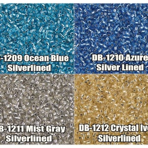 May include: Four close-up images of seed beads. The beads are silver-lined and come in four colours: ocean blue, azure, mist grey, and crystal ivory. The images are labelled with the bead colour and product code.