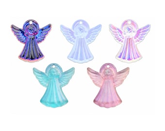 May include: Five angel-shaped charms arranged in a group. The top row features a dark iridescent purple, a translucent white, and a light iridescent pink charm. The bottom row includes a light blue and a soft pink translucent angel charm.