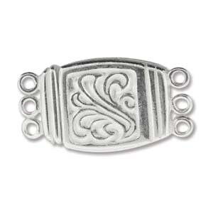 May include: Silver-toned metal clasp with a decorative floral design. The clasp has three loops for attaching jewelry.
