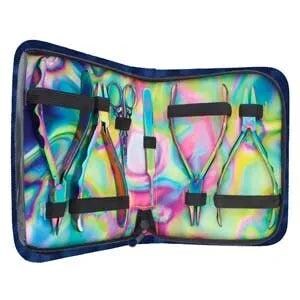 May include: A blue zippered case with a colorful swirl pattern holds a set of jewelry making tools. The tools include pliers, cutters, and a small pair of scissors.
