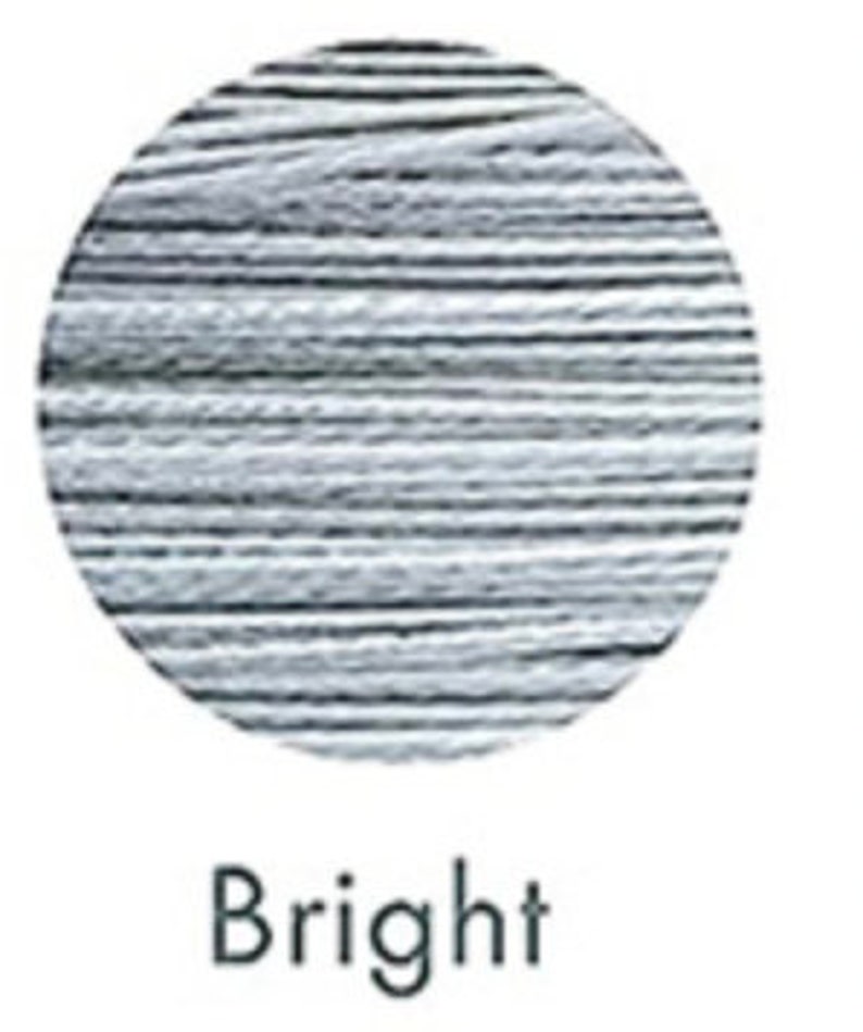 May include: A circular swatch of gray and white thread with a horizontal striped pattern. The word "Bright" is printed in a dark gray font below the swatch. The thread appears to be tightly wound.