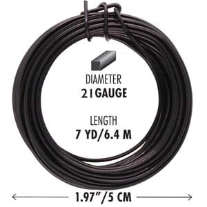 Può includere: Filo nero arrotolato, diametro 21 gauge. La lunghezza è di 6,4 metri, e il diametro è di 5 cm. Il testo include "DIAMETER 21 GAUGE" e "LENGTH 7 YD/6.4 M".
