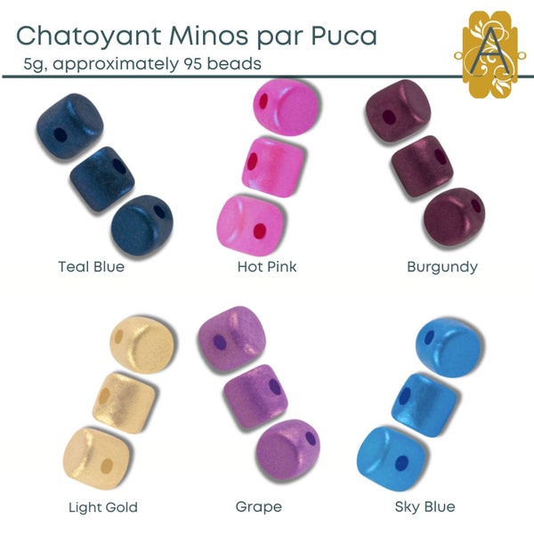 Chatoyant Minos par Puca,(5 g. ~ 95 Beads) + 2 Free Patterns with Order, Teal Blue, Hot Pink, Burgundy, Light Gold, Grape, Sky Blue