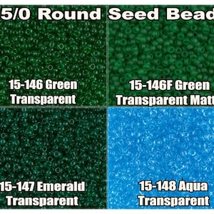 May include: Four close-up images of 15/0 round seed beads in different colors and finishes. The top left image shows green transparent beads. The top right image shows green transparent matte beads. The bottom left image shows emerald transparent beads. The bottom right image shows aqua transparent beads.