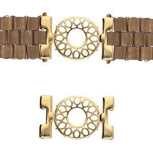 May include: Gold-toned metal belt buckle with a decorative, circular design. The buckle is attached to a brown leather belt.