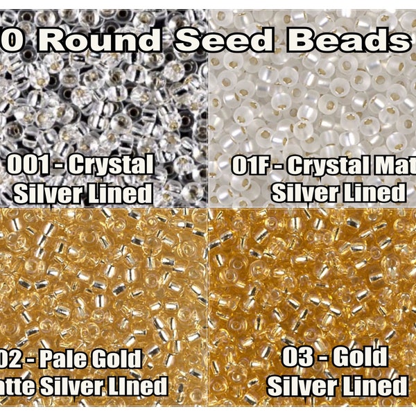 8/0 Miyuki Seed beads 10 g, Crystal Silver Lined 001,  Crystal Matte Silver Lined 01F, Pale Gold Silver Lined 02, Gold Silver Lined 03