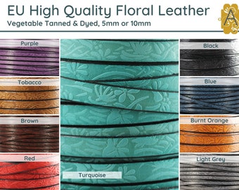 May include: Assortment of 10 colors of 5mm or 10mm wide floral embossed leather cord. Colors include purple, tobacco, brown, red, turquoise, black, blue, burnt orange, and light grey.