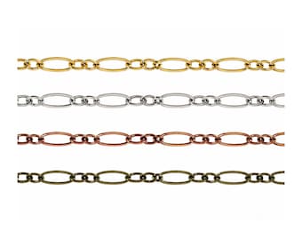 May include: Four strands of chain in gold, silver, copper, and green-bronze colors. Each chain features an alternating pattern of oval and small circular links, suitable for jewelry making or crafting.