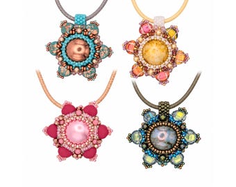 May include: Four beaded pendants on cords. Top left: teal and copper. Top right: yellow, pink, and white. Bottom left: pink and magenta. Bottom right: blue, green, and iridescent beads. Each features a central cabochon surrounded by intricate beadwork.