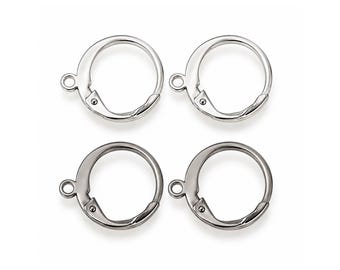 May include: Four silver-toned metal leverback earring findings arranged in a two-by-two grid. Each circular component features a hinged clasp mechanism and a small loop at the side for attaching jewelry elements, with a polished finish.