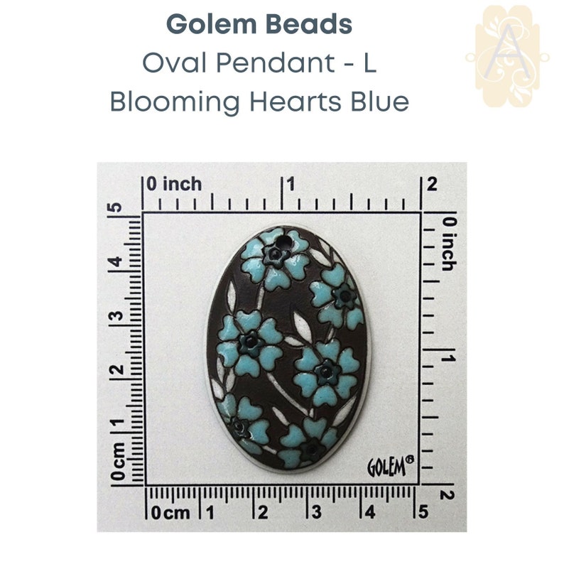 Oval Ceramic Pendants, Handmade by Golem Studios 12 Patterns Blooming Hesrts_Blue