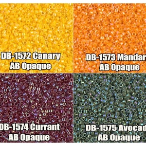 May include: Four squares of seed beads in different colors: canary yellow, mandarin orange, currant red, and avocado green. Each square has the bead code and color name with "AB Opaque" underneath.