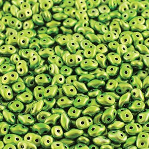 May include: A close-up shot of a collection of lime green Czech glass beads. Each bead has two holes and a shiny, metallic finish. The beads are oval-shaped and suitable for jewellery making or other craft projects.