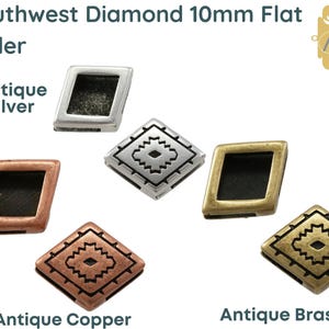 May include: Four 10mm flat diamond slider beads in antique silver, antique copper, and antique brass finishes. Each bead features a geometric design.